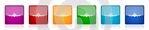 Flight icon set, plane, aircraf colorful square glossy vector illustrations in 6 options for web design and mobile applications