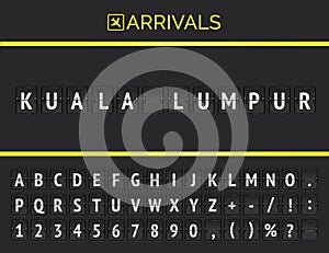 Flight info banner board with Kuala Lumpur typed by airport flip scoreboard mechanical font with airline arrivals icon photo