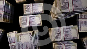 Flight over the Bangladeshi Taka money banknote packs loop animation