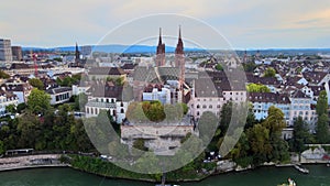 Flight over the city of Basel and River Rhine in Switzerland