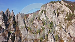 Flight over cliffs in autumn forest