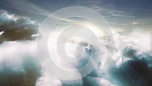 Flight over clouds with sun`s rays . 3d animation.