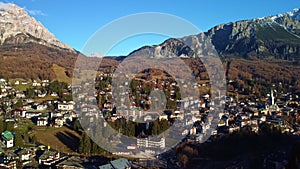 Flight over Cortina d Ampezzo in the Dolomites Italian Alps - aerial view