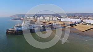 Flight over Eastbourne pier at the south coast of England