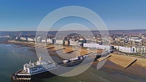 Flight over Eastbourne pier at the south coast of England