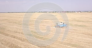 Flight over a field with a combine harvester that collects wheat, view from a drone