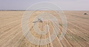 Flight over a field with a combine harvester that collects wheat, view from a drone