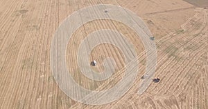 Flight over a field with a combine harvester that collects wheat, view from a drone