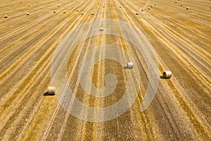 Flight over the field during haymaking. Round haystacks are scattered across the field