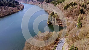 Flight over lake at spring