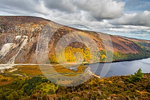 Flight over the lakes at Glendalough in the Wicklow mountains of Ireland