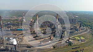 Flight over a large metallurgical plant. Industrial exterior aerial view. Large modern factory