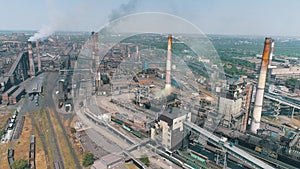 Flight over a large metallurgical plant. Industrial exterior aerial view. Large modern factory