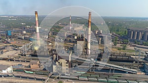 Flight over a large metallurgical plant. Industrial exterior aerial view. Large modern factory