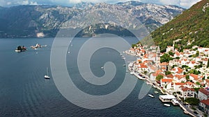 Flight over the medieval city of Perast, Boka Kotor bay, Montenegro