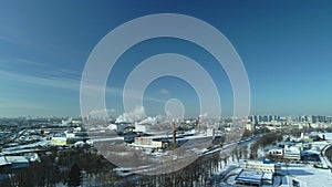 Flight over the railroad. With camera up. Winter industrial landscape. Aerial photography