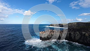 Flight Over Of Rocky Coastline. Ocean Shore, Waves Crashing Cliffs Azores