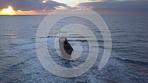 Flight over the sea and ship aground