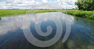 Flight over the surface of the river