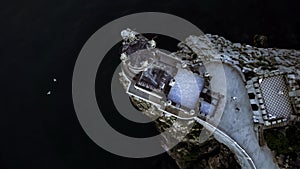 Flight over the swallow`s nest castle and the black sea at sunset