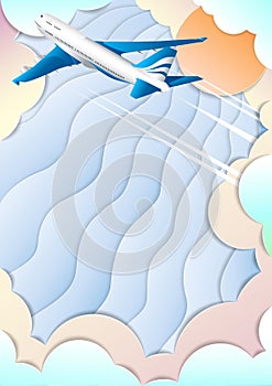 The flight of a passenger airliner. Aircraft. Colorful sky, bright sun and clouds. The effect of cut paper.
