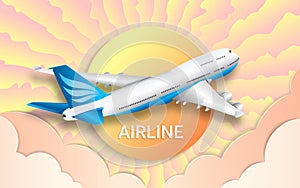 The flight of a passenger liner. Airlines. Travel. Colorful sky, bright sun and pink clouds. The effect of cut paper.
