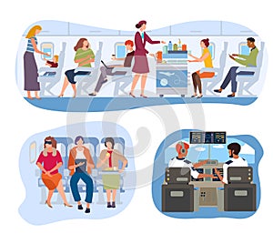 Flight passengers in plane, people traveling in aircraft, pilot cabin and stewardess in uniform, vector illustration