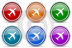 Flight, plane, aircraf silver metallic glossy icons, set of modern design buttons for web, internet and mobile applications in 6