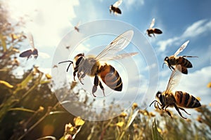 Flight of the Pollinators: Honey Bees in Energetic Motion, A Symphony of Nature\'s Work