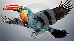 flight pose of a toucan, highlighting its colorful beak and wings against a clean white setting or suitable background