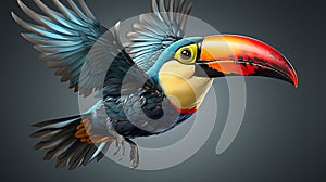 flight pose of a toucan, highlighting its colorful beak and wings against a clean white setting or suitable background