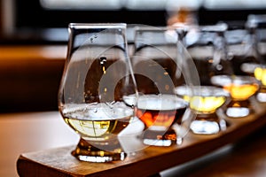 Flight of Scottish whisky, tasting glasses with variety of single malts or blended whiskey spirits on distillery tour in Scotland