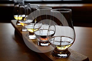 Flight of Scottish whisky, tasting glasses with variety of single malts or blended whiskey spirits on distillery tour in Scotland