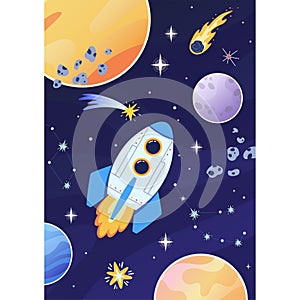 Flight of a space rocket in the galaxy among planets and stars
