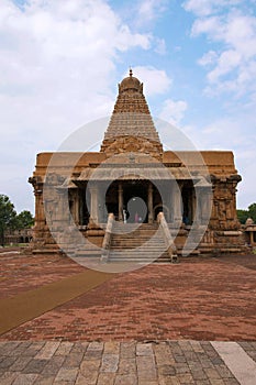 Flight of steps leading to pillared mandapa, Brihadisvara Temple, Tanjore, Tamil Nadu. View from East.