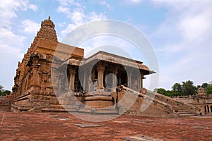 Flight of steps leading to pillared mandapa, Brihadisvara Temple, Tanjore, Tamil Nadu. View from South East.