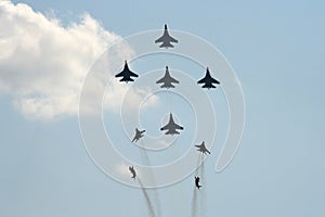 Flight of the Strizhi aerobatic team on multi-purpose high-maneuverable MiG-29 fighters at the MAKS-2021 International Aviation an photo
