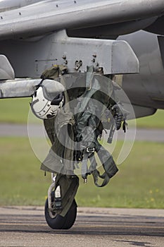 Flight suit on aircraft wheel