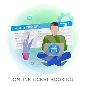 Flight Ticket Online Booking flat vector icon. Man makes his journey reservations  with mobile app or website service photo