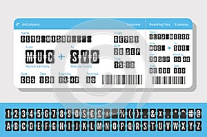 Flight ticket with terminal typeface. Airline Coupon template with airport board font. vector