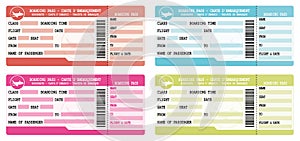 Flight tickets. Colorful boarding passes. Illustrations set for vacation departure.