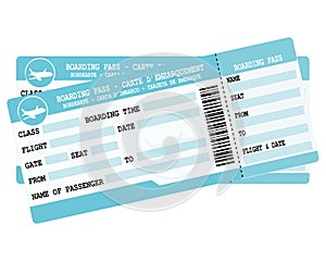 Flight tickets. Two blue boarding passes. Illustration for vacation departure.