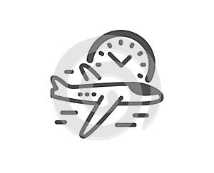 Flight time icon. Airplane with clock sign. Vector