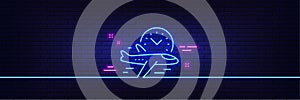 Flight time line icon. Airplane with clock sign. Neon light glow effect. Vector