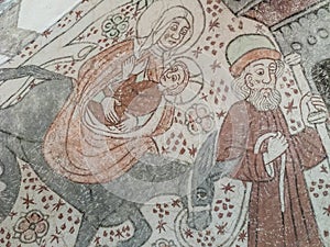 The flight to Egypt, a medieval fresco in an ancient church