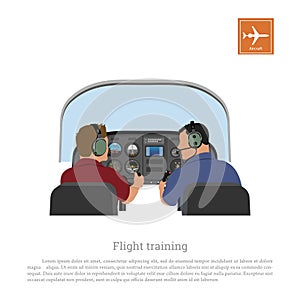 Flight training. Cabin of the aircraft from the inside. Airplane piloting lessons