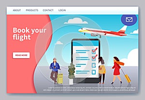 Flight travelling landing. Mobile app web page for of booking and buying ticket on plane vacation vector website