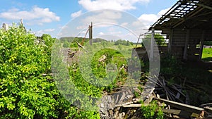 Flight trough ruined building. Old barn. Aerial footage.