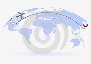 Flight from USA to Japan above world map. Airplane arrives to Japan. The world map. Airplane line path. Vector illustration. EPS