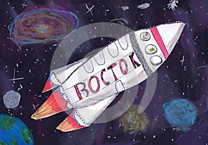 Flight of the Vostok spacecraft. Children`s, application. Russian text - lightning